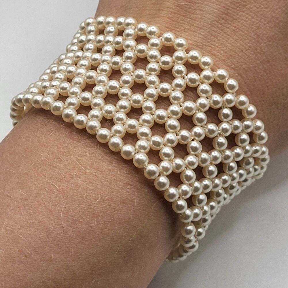 Vintage Hollywood Glamour Woven Imitation Pearl Stretchy Band Bracelet 1.5in wid